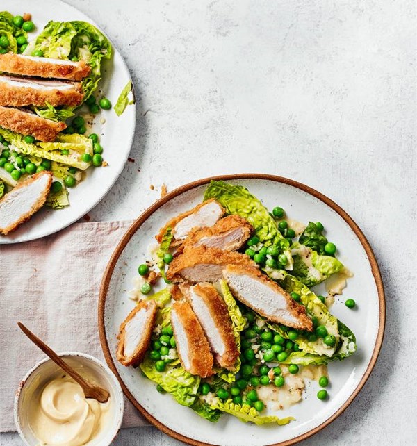 Chicken schnitzel salad with cheat's garlic aioli
