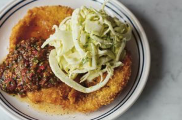 Chicken schnitzel with burnt salsa and fennel slaw