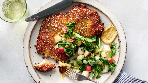 Chicken schnitzel with dill and sesame
