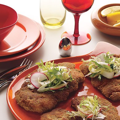 Chicken schnitzel with frisée-apple salad