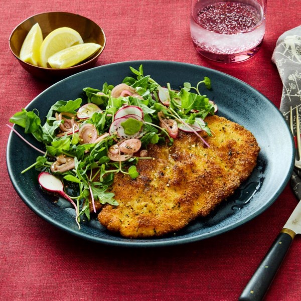 Chicken schnitzel with pickled shallot salad
