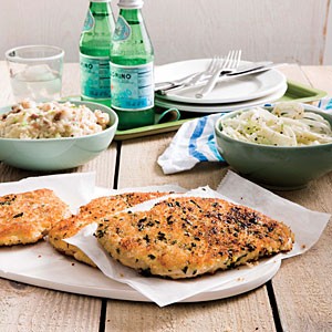 Chicken schnitzel with smashed mustard potatoes