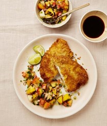 Chicken schnitzel with soy and grilled peach salsa