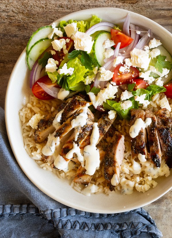 Chicken shawarma bowl with whipped feta and yoghurt sauce