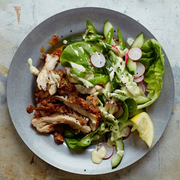 Chicken shawarma salad with tahini