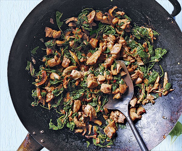Chicken, shiitake, and watercress stir-fry