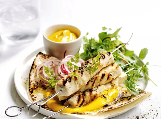 Chicken skewers with carrot skordalia