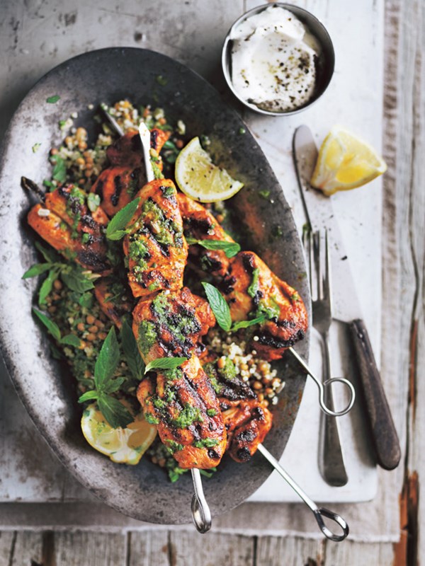Chicken skewers with chimichurri and quinoa salad
