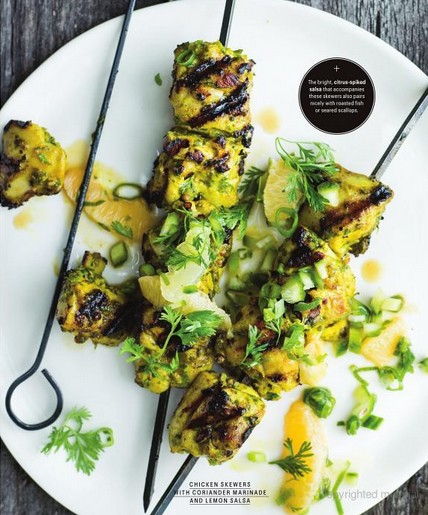 Chicken skewers with coriander marinade and lemon salsa