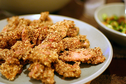 Chicken skewers with dukkah crust