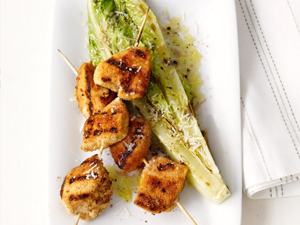 Chicken skewers with grilled romaine
