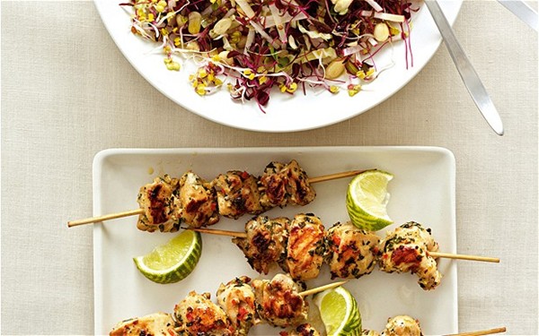 Chicken skewers with lime, chilli and mint, and Oriental salad