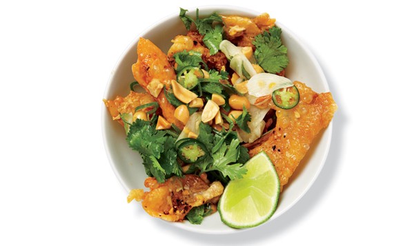 Chicken skin with peanuts, chiles, and lime