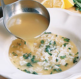 Chicken soup with rice, lemon & mint (Portuguese canja)