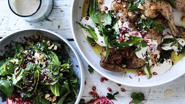 Chicken (spatchcock) tarator with herb and walnut salad