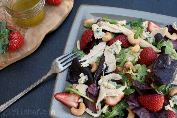 Chicken, strawberry, & tarragon salad with cashews & Cashel blue