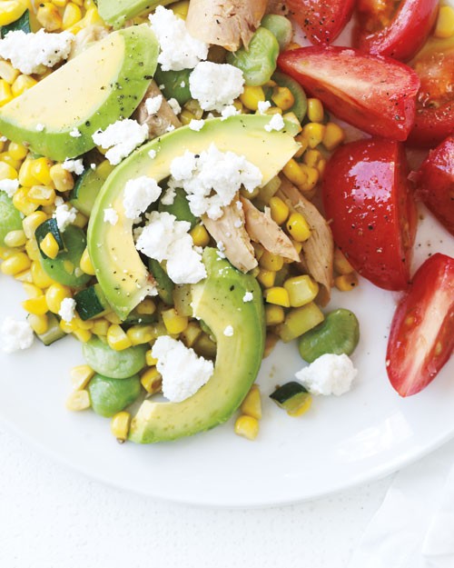 Chicken succotash with avocado and farmer cheese