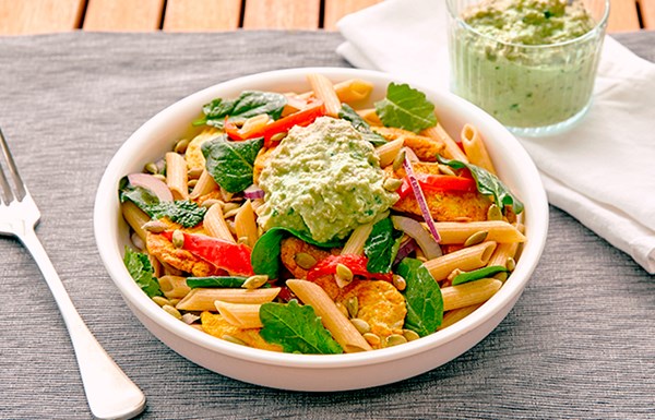 Chicken superfood pasta with avocado pesto