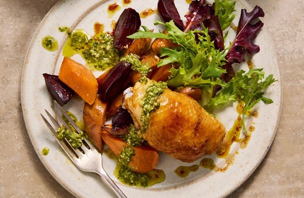 Chicken, sweet potato & beetroot traybake