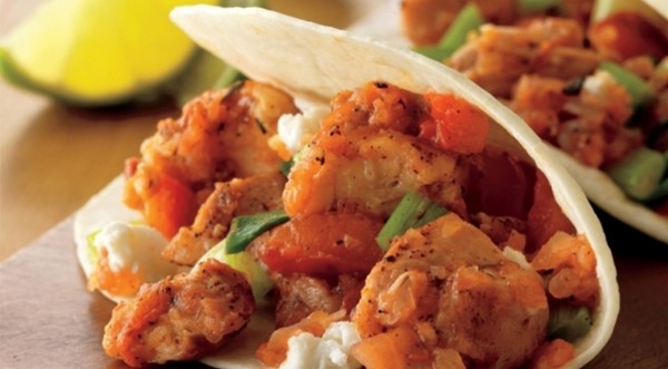 Chicken tacos with goat cheese and roasted tomato-garlic salsa
