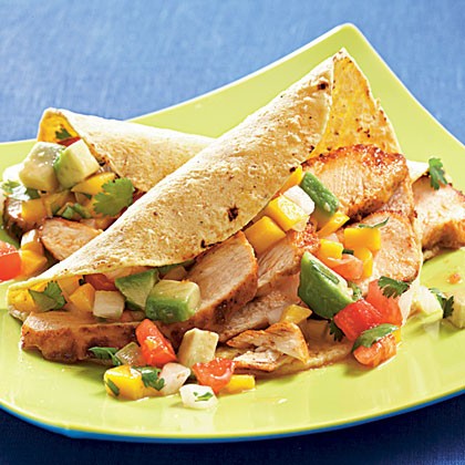 Chicken tacos with mango-avocado salsa