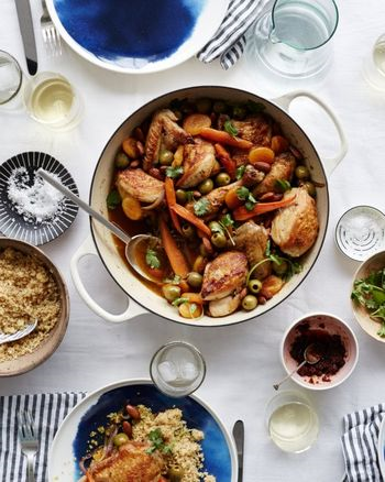 Chicken tagine with almonds, apricots, and olives