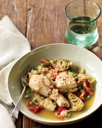 Chicken tagine with artichoke hearts and peas