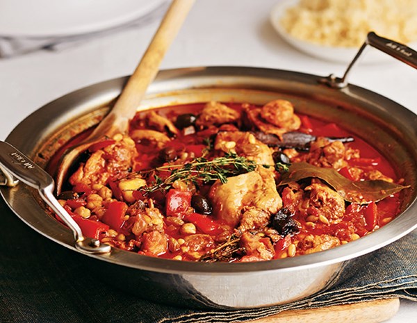 Chicken tagine with olives, chickpeas, and pine nuts