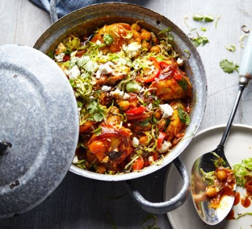 Chicken tagine with spiced Brussels & feta