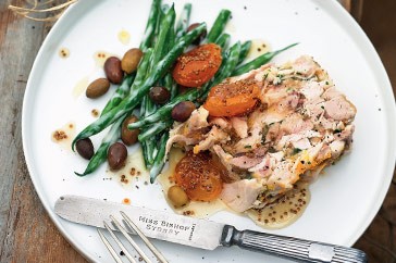 Chicken terrine with spiced apricots, beans and olives