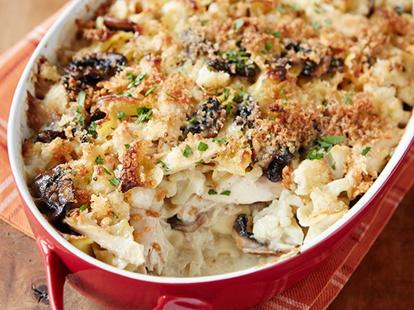 Chicken Tetrazzini casserole with cauliflower