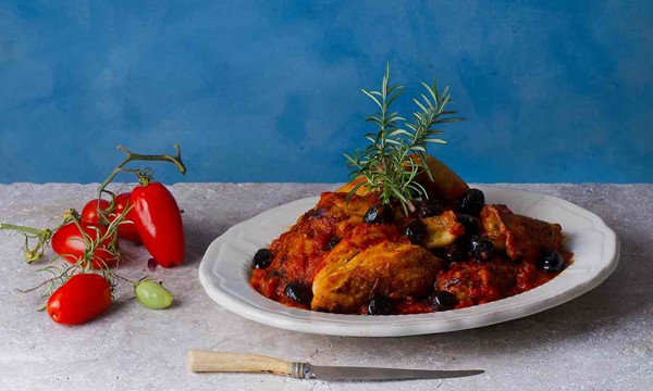 Chicken, the hunter’s way, with black olives (Pollo alla cacciatora con olive nere)