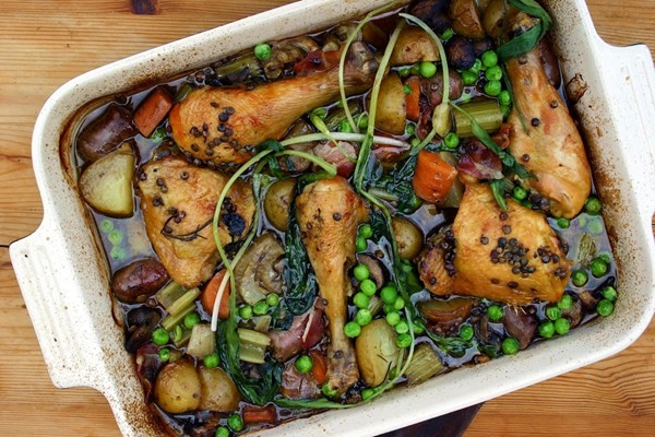 Chicken thigh, sausage and wild garlic, fridge & freezer stew