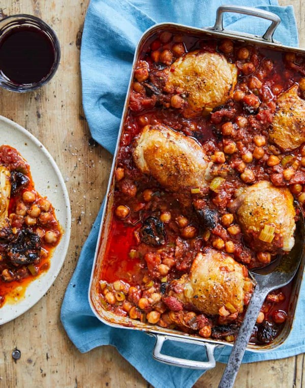 Chicken thighs, chickpeas and harissa