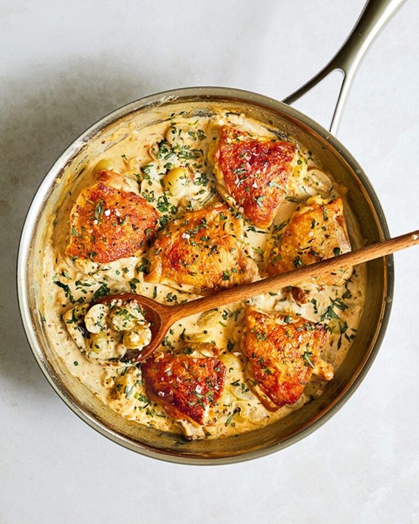 Chicken thighs in a mustard, tarragon and grape pan sauce