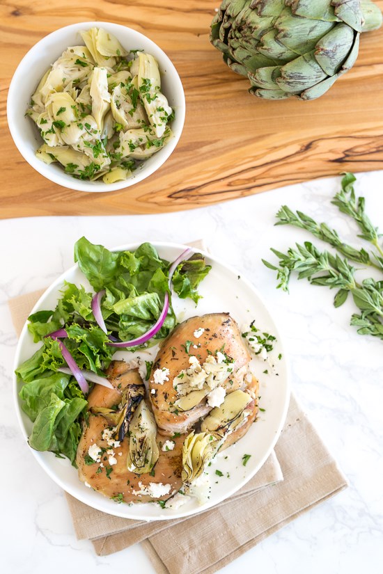 Chicken thighs with artichoke hearts and feta cheese