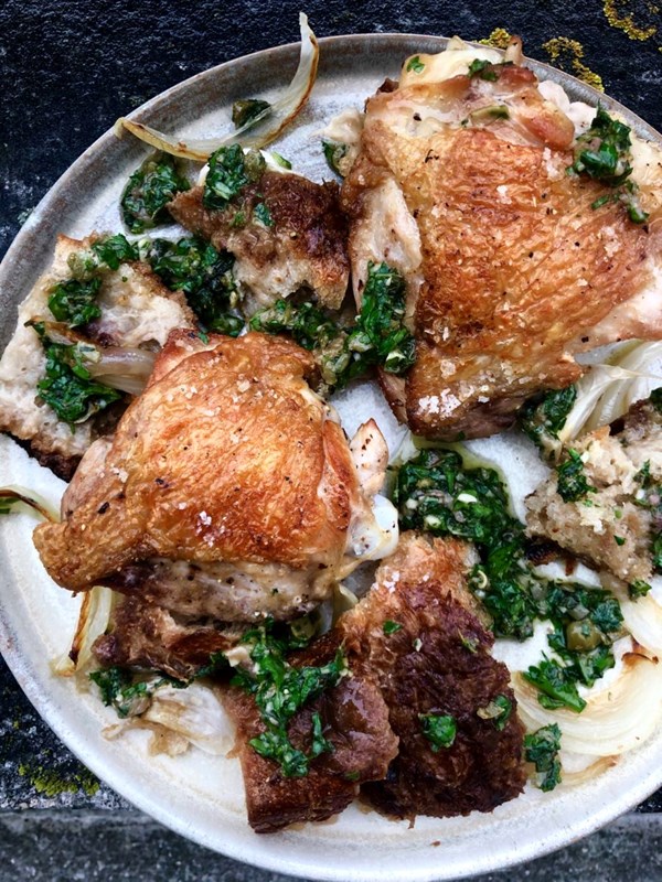 Chicken thighs with chicken fat sourdough and salsa verde