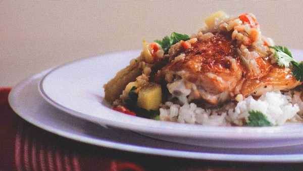 Chicken thighs with kumara and peanuts