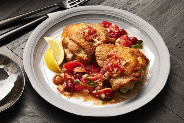 Chicken thighs with lemony sauce vierge [Justin Yu]