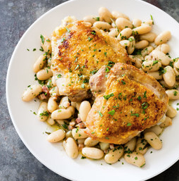 Chicken thighs with pancetta, white beans, and rosemary