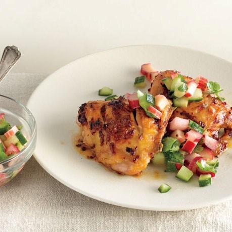 Chicken thighs with rhubarb-cucumber salsa