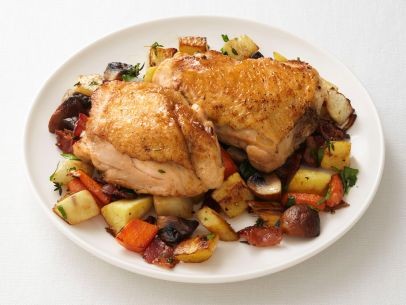Chicken thighs with root vegetable hash