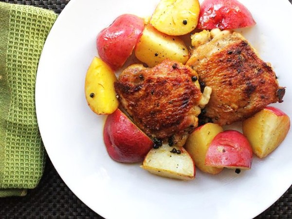 Chicken thighs with saffron, lemon, and red potatoes