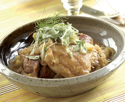 Chicken thighs with sausage and braised fennel