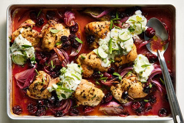 Chicken thighs with sour cherries and cucumber yogurt