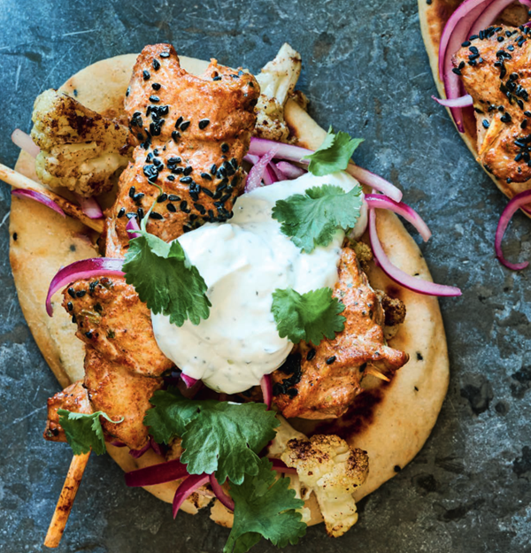 Chicken tikka kebabs with mint yogurt