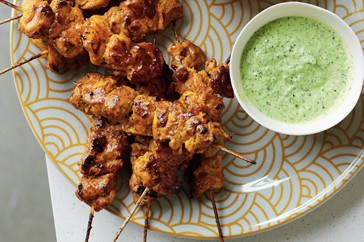 Chicken tikka masala skewers with coriander dressing