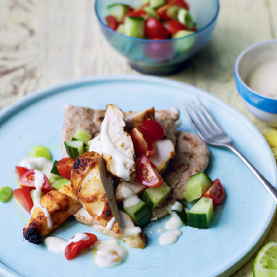 Chicken tikka with chopped salad and mango raita