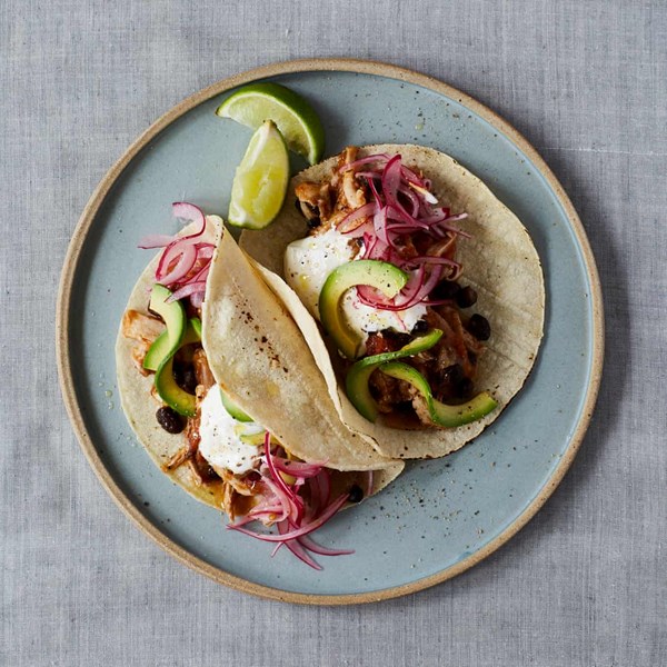 Chicken tinga and black bean tacos