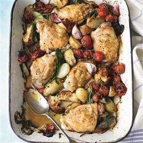 Chicken, tomato and aubergine tray bake